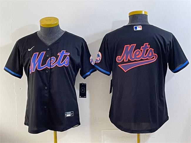 Women's New York Mets Team Big Logo Black Cool Base Stitched Baseball Jersey(Run Small) 1 Women's New York Mets Team Big Logo Black Cool Base Stitched Baseball Jersey(Run Small) 1