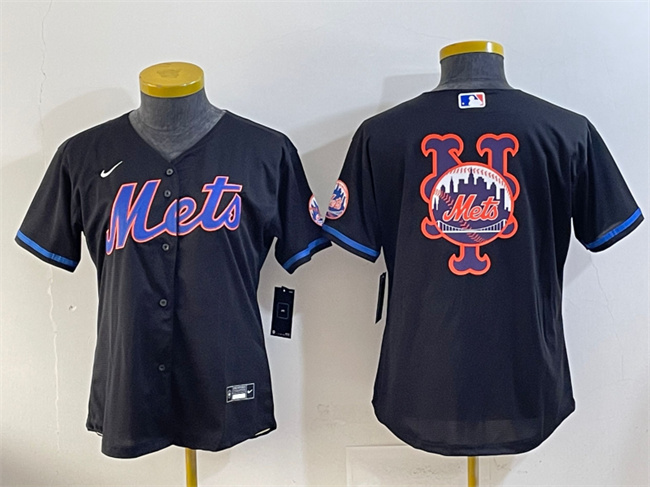 Women's New York Mets Team Big Logo Black Cool Base Stitched Baseball Jersey(Run Small) Women's New York Mets Team Big Logo Black Cool Base Stitched Baseball Jersey(Run Small)