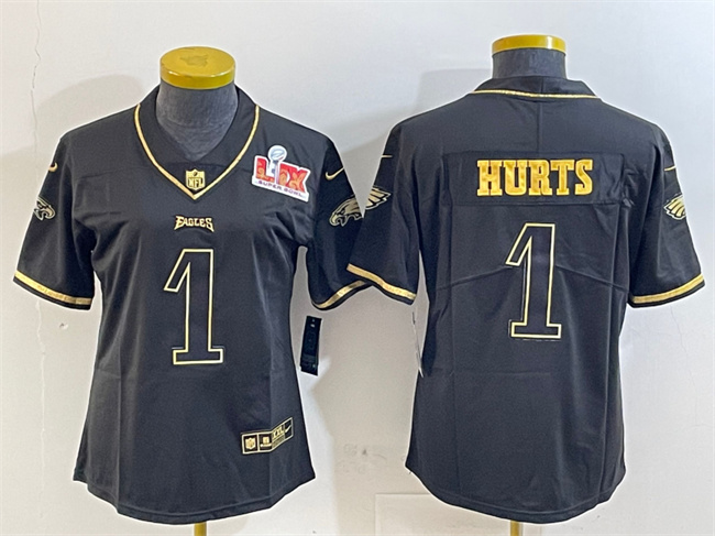 Women's Philadelphia Eagles #1 Jalen Hurts Black Gold 2025 Super Bowl LIX Patch Salute To Service Vapor Untouchable Limited Stitched Football Jersey(Run Small) Women's Philadelphia Eagles #1 Jalen Hurts Black Gold 2025 Super Bowl LIX Patch Salute To Service Vapor Untouchable Limited Stitched Football Jersey(Run Small)