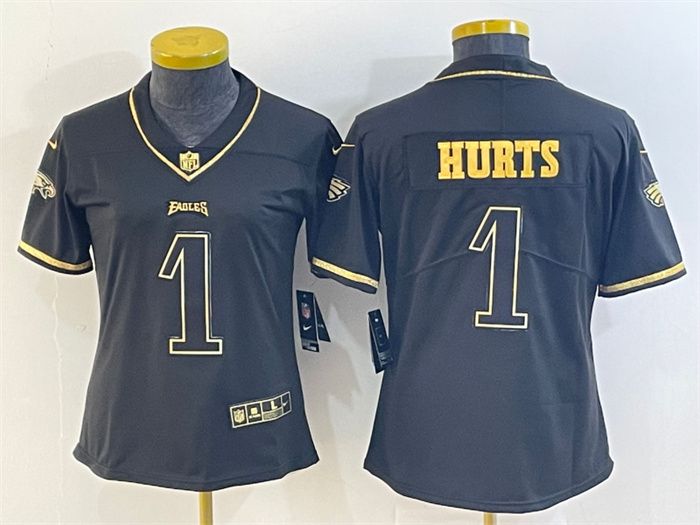 Women's Philadelphia Eagles #1 Jalen Hurts Black Golden Edition Stitched Football Jersey(Run Small) Women's Philadelphia Eagles #1 Jalen Hurts Black Golden Edition Stitched Football Jersey(Run Small)