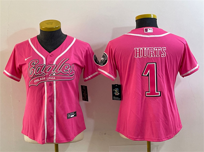 Women's Philadelphia Eagles #1 Jalen Hurts Pink Cool Base Stitched Baseball Jersey(Run Small) Women's Philadelphia Eagles #1 Jalen Hurts Pink Cool Base Stitched Baseball Jersey(Run Small)