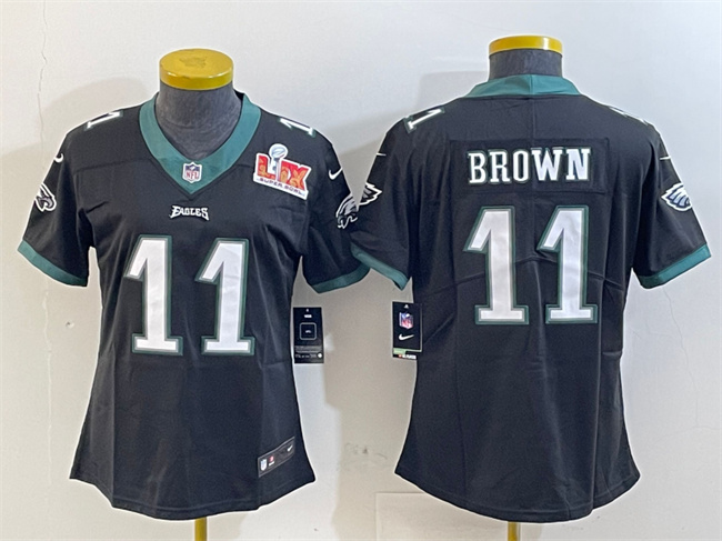 Women's Philadelphia Eagles #11 A. J. Brown Black 2025 Super Bowl LIX Patch Vapor Untouchable Limited Stitched Football Jersey(Run Small) Women's Philadelphia Eagles #11 A. J. Brown Black 2025 Super Bowl LIX Patch Vapor Untouchable Limited Stitched Football Jersey(Run Small)