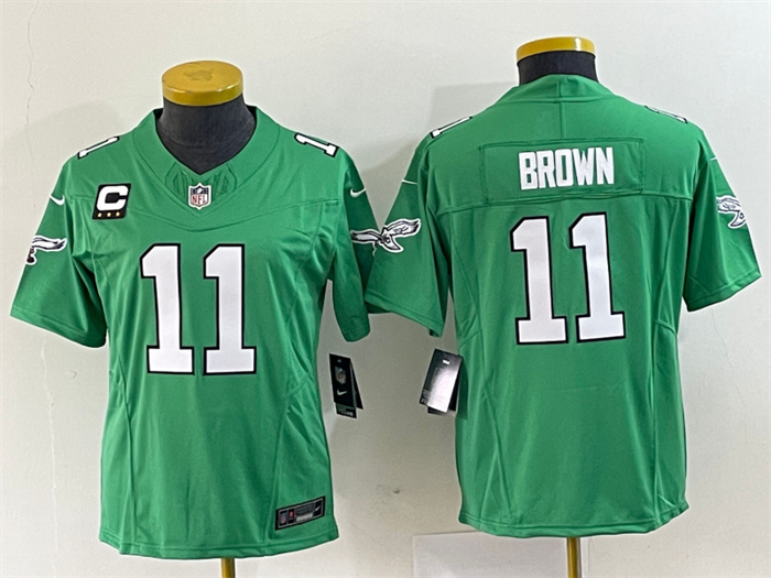 Women's Philadelphia Eagles #11 A. J. Brown Green 2023 F.U.S.E. With C Patch Stitched Football Jersey(Run Small) Women's Philadelphia Eagles #11 A. J. Brown Green 2023 F.U.S.E. With C Patch Stitched Football Jersey(Run Small)