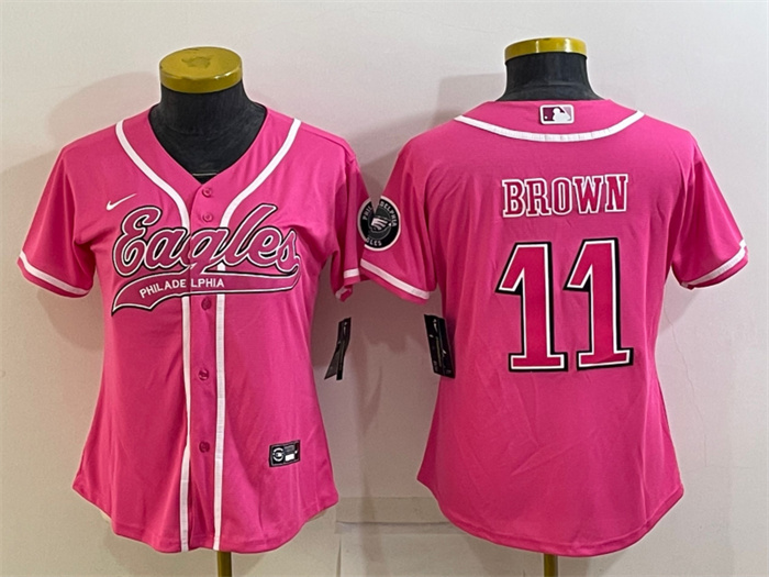 Women's Philadelphia Eagles #11 A. J. Brown Pink With Patch Cool Base Stitched Baseball Jersey(Run Small) Women's Philadelphia Eagles #11 A. J. Brown Pink With Patch Cool Base Stitched Baseball Jersey(Run Small)