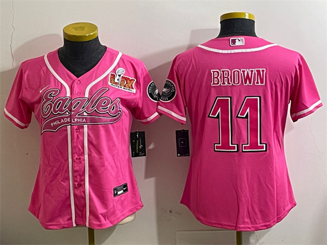 Women's Philadelphia Eagles #11 A.J. Brown Pink 2025 Super Bowl LIX Patch Cool Base Stitched Baseball Jersey(Run Small) Women's Philadelphia Eagles #11 A.J. Brown Pink 2025 Super Bowl LIX Patch Cool Base Stitched Baseball Jersey(Run Small)