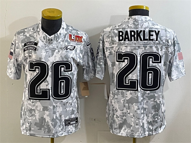 Women's Philadelphia Eagles #26 Saquon Barkley 2025 Super Bowl LIX Patch F.U.S.E Arctic Camo Salute To Service Limited Stitched Jersey(Run Small) Women's Philadelphia Eagles #26 Saquon Barkley 2025 Super Bowl LIX Patch F.U.S.E Arctic Camo Salute To Service Limited Stitched Jersey(Run Small)