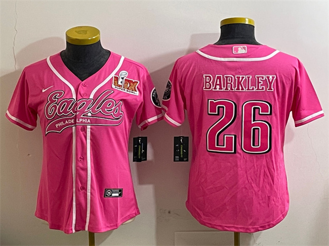 Women's Philadelphia Eagles #26 Saquon Barkley Pink 2025 Super Bowl LIX Patch Cool Base Stitched Baseball Jersey(Run Small) Women's Philadelphia Eagles #26 Saquon Barkley Pink 2025 Super Bowl LIX Patch Cool Base Stitched Baseball Jersey(Run Small)