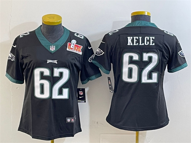 Women's Philadelphia Eagles #62 Jason Kelce Black 2025 Super Bowl LIX Patch Vapor Untouchable Limited Stitched Football Jersey(Run Small) Women's Philadelphia Eagles #62 Jason Kelce Black 2025 Super Bowl LIX Patch Vapor Untouchable Limited Stitched Football Jersey(Run Small)