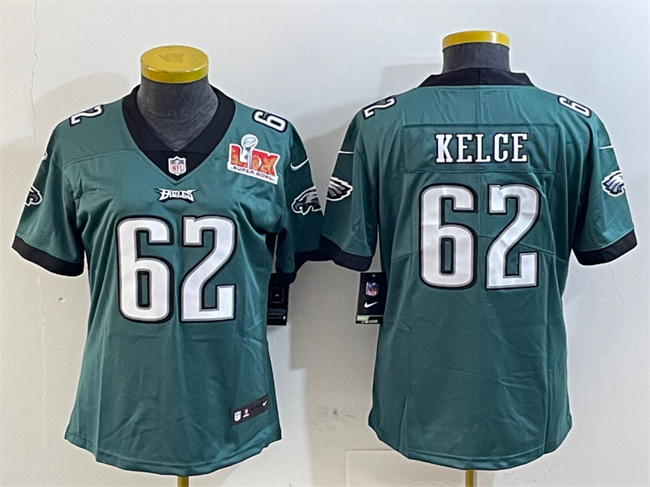 Women's Philadelphia Eagles #62 Jason Kelce Green 2025 Super Bowl LIX Patch Vapor Untouchable Limited Stitched Football Jersey(Run Small) Women's Philadelphia Eagles #62 Jason Kelce Green 2025 Super Bowl LIX Patch Vapor Untouchable Limited Stitched Football Jersey(Run Small)