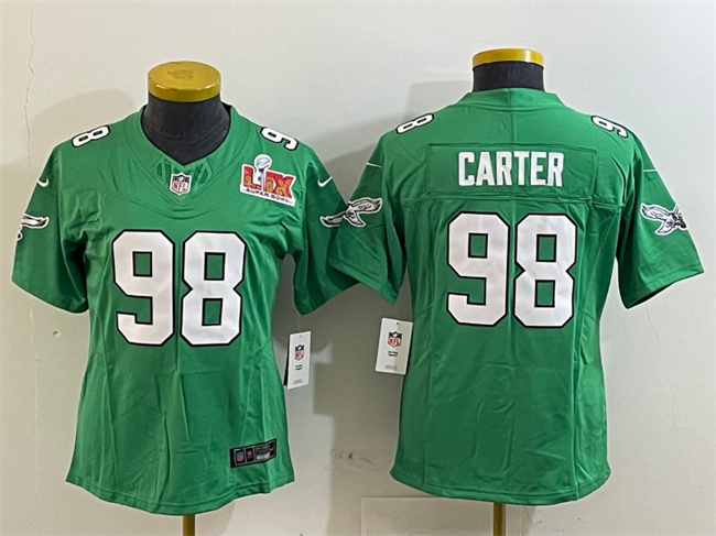 Women's Philadelphia Eagles #98 Jalen Carter Green 2025 Super Bowl LIX Patch F.U.S.E. Throwback Vapor Untouchable Limited Stitched Football Jersey(Run Small) Women's Philadelphia Eagles #98 Jalen Carter Green 2025 Super Bowl LIX Patch F.U.S.E. Throwback Vapor Untouchable Limited Stitched Football Jersey(Run Small)