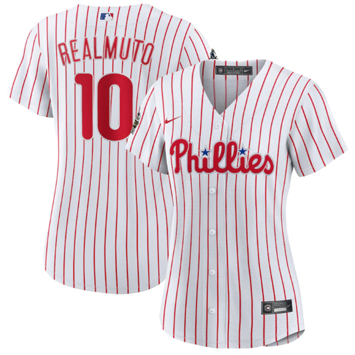 Women's Philadelphia Phillies #10 J.T. Realmuto White 2022 World Series Flex Base Stitched Baseball Jersey(Run Small) Women's Philadelphia Phillies #10 J.T. Realmuto White 2022 World Series Flex Base Stitched Baseball Jersey(Run Small)