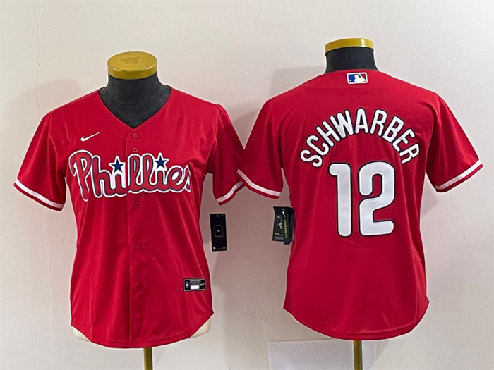 Women's Philadelphia Phillies #12 Kyle Schwarber Red Stitched Baseball Jersey(Run Small) Women's Philadelphia Phillies #12 Kyle Schwarber Red Stitched Baseball Jersey(Run Small)