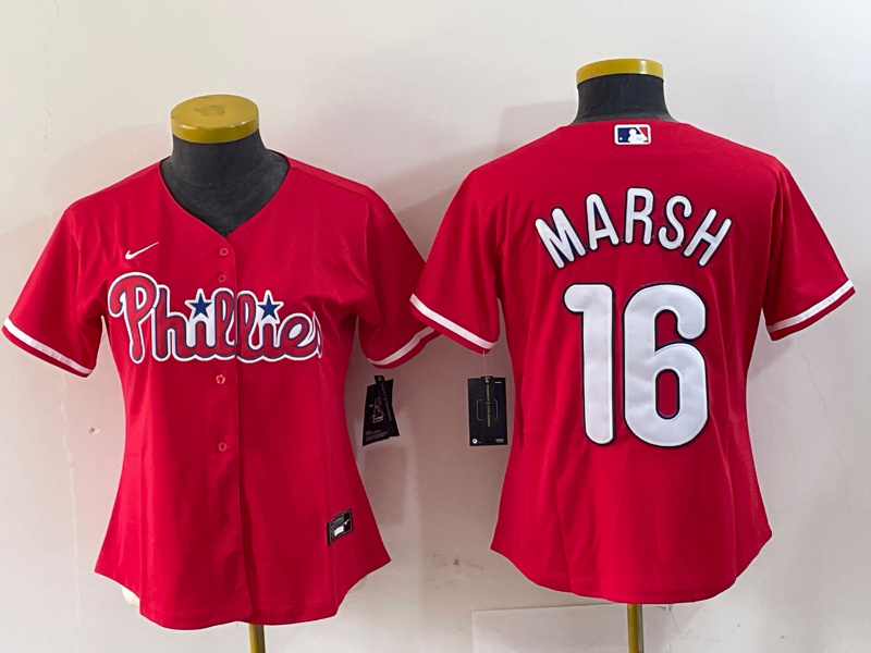 Women's Philadelphia Phillies #16 Brandon Marsh Red Stitched Baseball Jersey(Run Small) Women's Philadelphia Phillies #16 Brandon Marsh Red Stitched Baseball Jersey(Run Small)