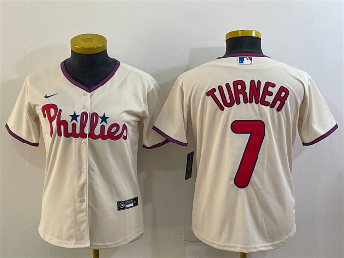 Women's Philadelphia Phillies #7 Trea Turner Cream Cool Base Stitched Baseball Jersey(Run Small) Women's Philadelphia Phillies #7 Trea Turner Cream Cool Base Stitched Baseball Jersey(Run Small)