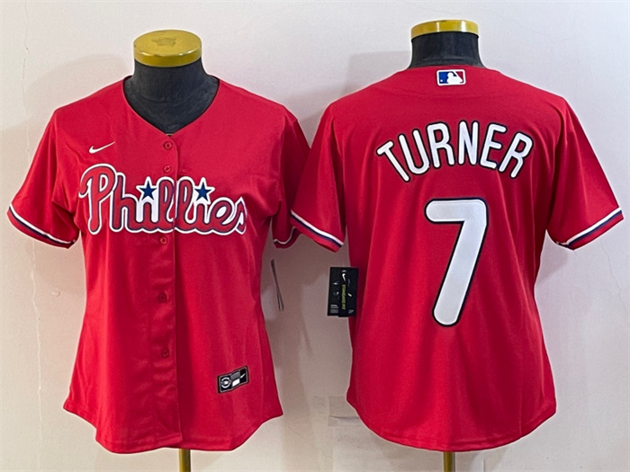 Women's Philadelphia Phillies #7 Trea Turner Red Cool Base Stitched Baseball Jersey(Run Small) Women's Philadelphia Phillies #7 Trea Turner Red Cool Base Stitched Baseball Jersey(Run Small)