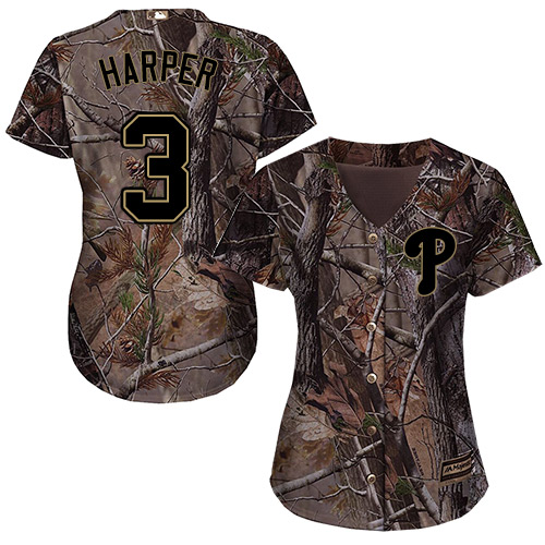 Women's Phillies #3 Bryce Harper Camo Realtree Collection Cool Base Women's Stitched Baseball Jersey