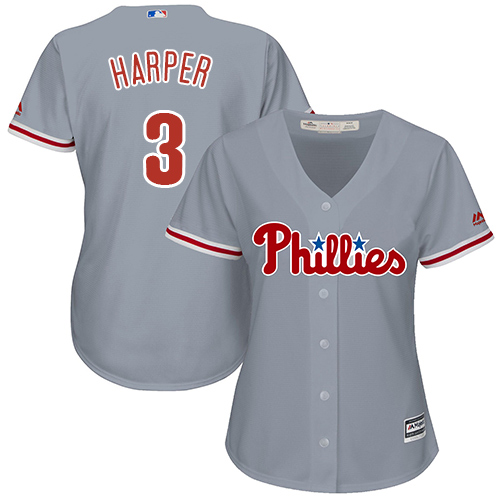 Women's Phillies #3 Bryce Harper Grey Road Women's Stitched Baseball Jersey Women's Phillies #3 Bryce Harper Grey Road Women's Stitched Baseball Jersey