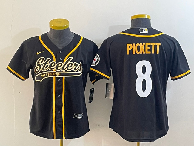 Women's Pittsburgh Steelers #8 Kenny Pickett Black With Patch Cool Base Stitched Baseball Jersey(Run Small) Women's Pittsburgh Steelers #8 Kenny Pickett Black With Patch Cool Base Stitched Baseball Jersey(Run Small)