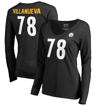 Women's Pittsburgh Steelers 78 Alejandro Villanueva NFL Pro Line By Fanatics Branded Black Authentic Stack Name Number V Neck Long Sleeve T Shirt Women's Pittsburgh Steelers 78 Alejandro Villanueva NFL Pro Line By Fanatics Branded Black Authentic Stack Name Number V Neck Long Sleeve T Shirt