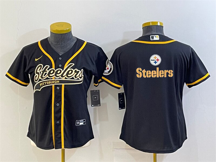 Women's Pittsburgh Steelers Black Team Big Logo With Patch Cool Base Stitched Baseball Jersey(Run Small) Women's Pittsburgh Steelers Black Team Big Logo With Patch Cool Base Stitched Baseball Jersey(Run Small)