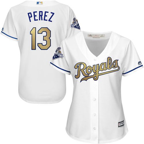 Women's Royals #13 Salvador Perez White 2015 World Series Champions Gold Program Cool Base Stitched MLB Jersey Women's Royals #13 Salvador Perez White 2015 World Series Champions Gold Program Cool Base Stitched MLB Jersey