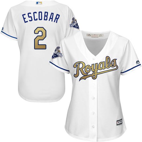 Women's Royals #2 Alcides Escobar White 2015 World Series Champions Gold Program Cool Base Stitched MLB Jersey Women's Royals #2 Alcides Escobar White 2015 World Series Champions Gold Program Cool Base Stitched MLB Jersey