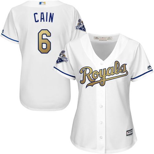 Women's Royals #6 Lorenzo Cain White 2015 World Series Champions Gold Program Cool Base Stitched MLB Jersey Women's Royals #6 Lorenzo Cain White 2015 World Series Champions Gold Program Cool Base Stitched MLB Jersey