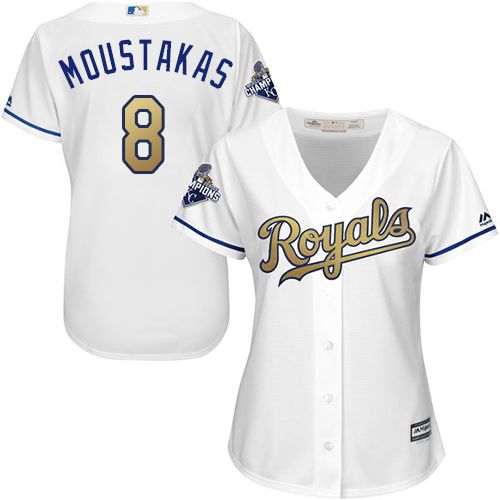 Women's Royals #8 Mike Moustakas White 2015 World Series Champions Gold Program Cool Base Stitched MLB Jersey Women's Royals #8 Mike Moustakas White 2015 World Series Champions Gold Program Cool Base Stitched MLB Jersey