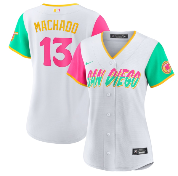 Women's San Diego Padres #13 Manny Machado 2022 White City Connect Cool Base Stitched Women's San Diego Padres #13 Manny Machado 2022 White City Connect Cool Base Stitched