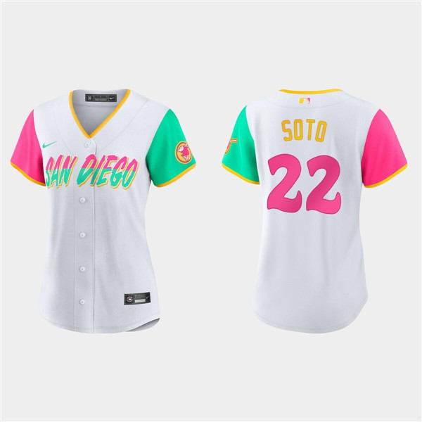 Women's San Diego Padres #22 Juan Soto 2022 White City Connect Cool Base Stitched Baseball Jersey(Run Small)1 Women's San Diego Padres #22 Juan Soto 2022 White City Connect Cool Base Stitched Baseball Jersey(Run Small)1