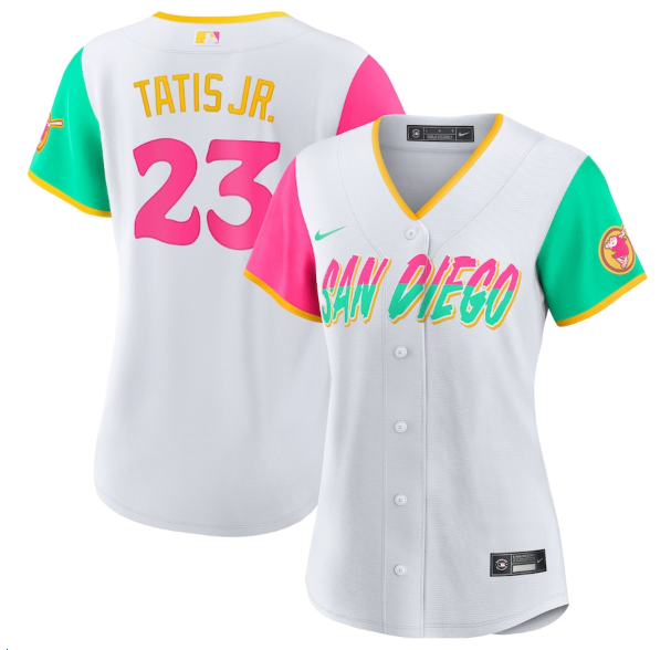 Women's San Diego Padres #23 Fernando Tatis Jr. 2022 White City Connect Cool Base Stitched Baseball Jersey(Run Small) Women's San Diego Padres #23 Fernando Tatis Jr. 2022 White City Connect Cool Base Stitched Baseball Jersey(Run Small)