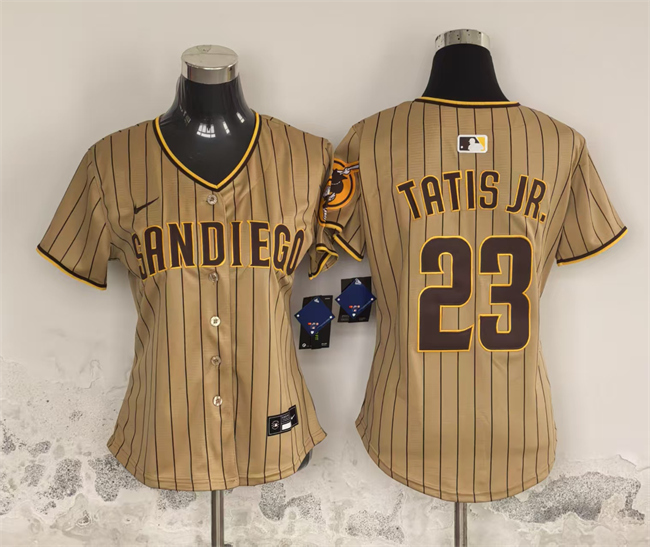 Women's San Diego Padres #23 Fernando Tatis Jr. Tan Stitched Baseball Jersey(Run Small) Women's San Diego Padres #23 Fernando Tatis Jr. Tan Stitched Baseball Jersey(Run Small)