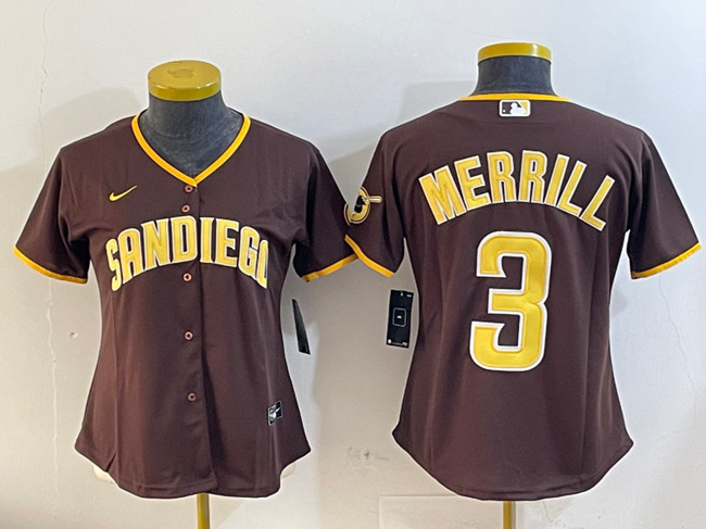 Women's San Diego Padres #3 Jackson Merrill Brown Stitched Baseball Jersey(Run Small) Women's San Diego Padres #3 Jackson Merrill Brown Stitched Baseball Jersey(Run Small)