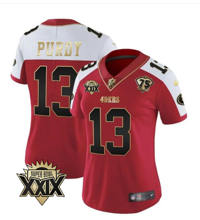 Women's San Francisco 49ers #13 Brock Purdy Red White Super Bowl XXIX Patch And 75th Anniversary Patch Stitched Game Jersey(Run Small) Women's San Francisco 49ers #13 Brock Purdy Red White Super Bowl XXIX Patch And 75th Anniversary Patch Stitched Game Jersey(Run Small)