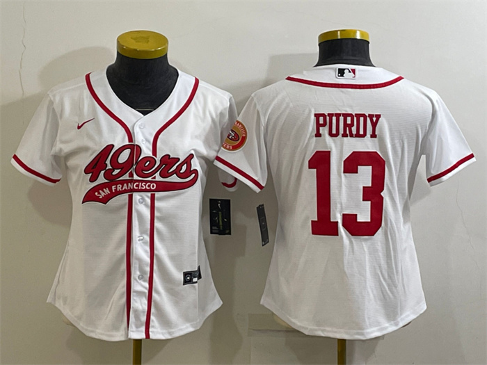 Women's San Francisco 49ers #13 Brock Purdy White With Patch Cool Base Stitched Baseball Jersey(Run Small) Women's San Francisco 49ers #13 Brock Purdy White With Patch Cool Base Stitched Baseball Jersey(Run Small)