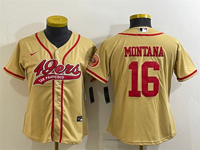 Women's San Francisco 49ers #16 Joe Montana Gold With Patch Cool Base Stitched Baseball Jersey(Run Small) Women's San Francisco 49ers #16 Joe Montana Gold With Patch Cool Base Stitched Baseball Jersey(Run Small)