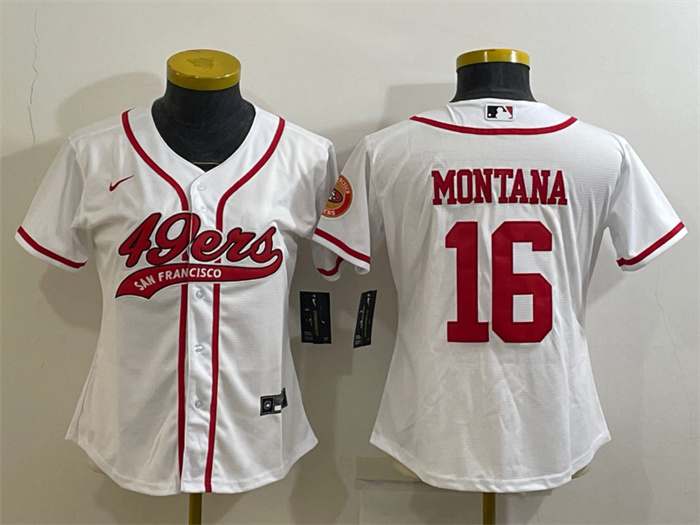Women's San Francisco 49ers #16 Joe Montana White With Patch Cool Base Stitched Baseball Jersey(Run Small) Women's San Francisco 49ers #16 Joe Montana White With Patch Cool Base Stitched Baseball Jersey(Run Small)