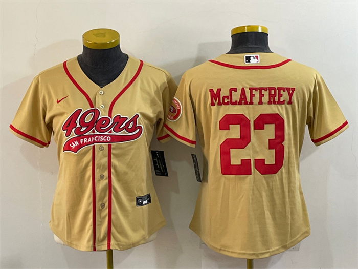 Women's San Francisco 49ers #23 Christian McCaffrey Gold With Patch Cool Base Stitched Baseball Jersey(Run Small) Women's San Francisco 49ers #23 Christian McCaffrey Gold With Patch Cool Base Stitched Baseball Jersey(Run Small)