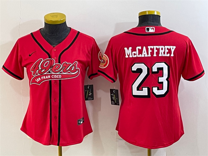 Women's San Francisco 49ers #23 Christian McCaffrey New Red With Patch Cool Base Stitched Baseball Jersey(Run Small) Women's San Francisco 49ers #23 Christian McCaffrey New Red With Patch Cool Base Stitched Baseball Jersey(Run Small)