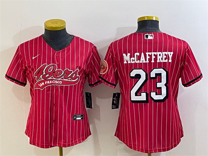Women's San Francisco 49ers #23 Christian McCaffrey New Red With Patch Cool Base Stitched Baseball Jersey(Run Small)S Women's San Francisco 49ers #23 Christian McCaffrey New Red With Patch Cool Base Stitched Baseball Jersey(Run Small)S