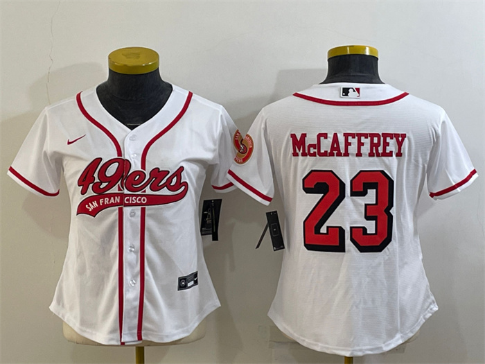 Women's San Francisco 49ers #23 Christian McCaffrey New White With Patch Cool Base Stitched Baseball Jersey(Run Small) Women's San Francisco 49ers #23 Christian McCaffrey New White With Patch Cool Base Stitched Baseball Jersey(Run Small)