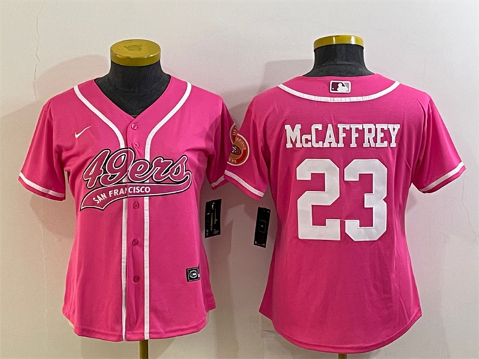 Women's San Francisco 49ers #23 Christian McCaffrey Pink With Patch Cool Base Stitched Baseball Jersey(Run Small) Women's San Francisco 49ers #23 Christian McCaffrey Pink With Patch Cool Base Stitched Baseball Jersey(Run Small)