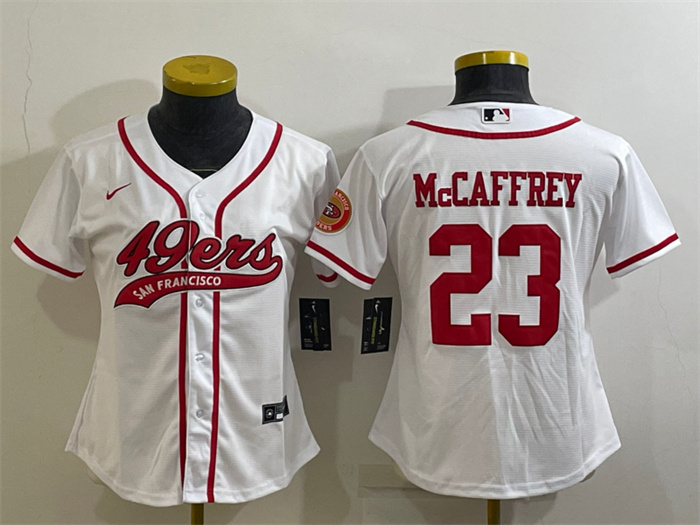 Women's San Francisco 49ers #23 Christian McCaffrey White With Patch Cool Base Stitched Baseball Jersey(Run Small) Women's San Francisco 49ers #23 Christian McCaffrey White With Patch Cool Base Stitched Baseball Jersey(Run Small)