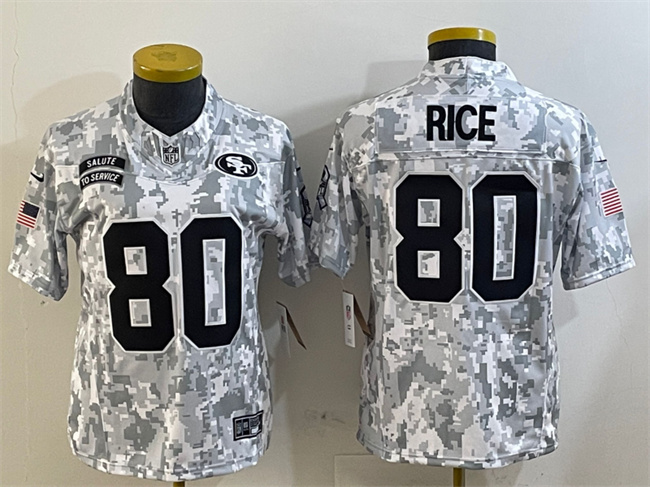 Women's San Francisco 49ers #80 Jerry Rice 2024 F.U.S.E Arctic Camo Salute To Service Limited Stitched Jersey(Run Small) Women's San Francisco 49ers #80 Jerry Rice 2024 F.U.S.E Arctic Camo Salute To Service Limited Stitched Jersey(Run Small)