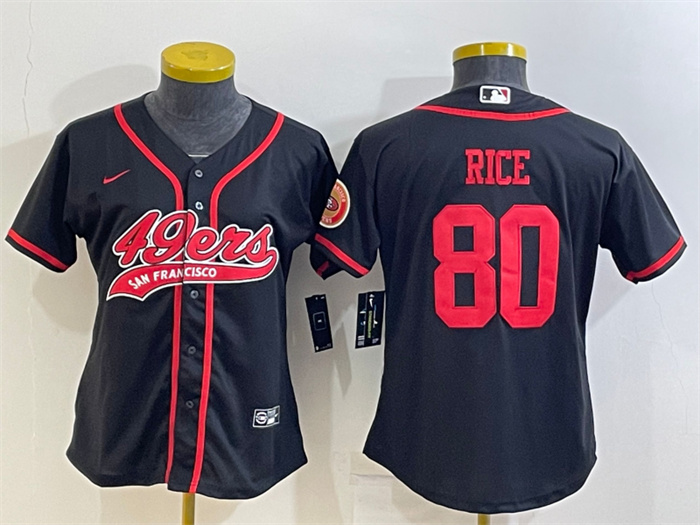 Women's San Francisco 49ers #80 Jerry Rice Black With Patch Cool Base Stitched Baseball Jersey(Run Small) Women's San Francisco 49ers #80 Jerry Rice Black With Patch Cool Base Stitched Baseball Jersey(Run Small)
