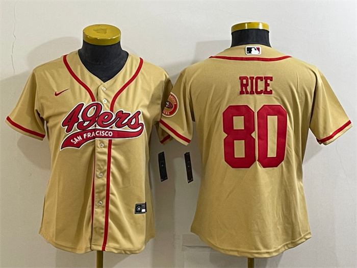 Women's San Francisco 49ers #80 Jerry Rice Gold With Patch Cool Base Stitched Baseball Jersey(Run Small) Women's San Francisco 49ers #80 Jerry Rice Gold With Patch Cool Base Stitched Baseball Jersey(Run Small)