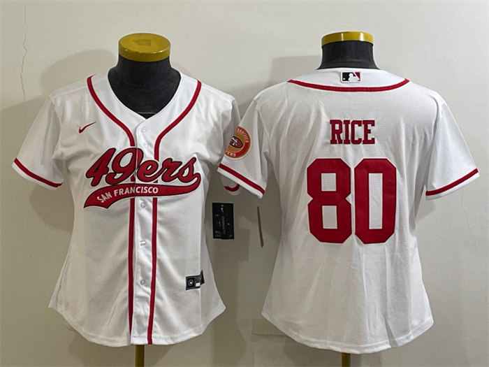 Women's San Francisco 49ers #80 Jerry Rice White With Patch Cool Base Stitched Baseball Jersey(Run Small) Women's San Francisco 49ers #80 Jerry Rice White With Patch Cool Base Stitched Baseball Jersey(Run Small)