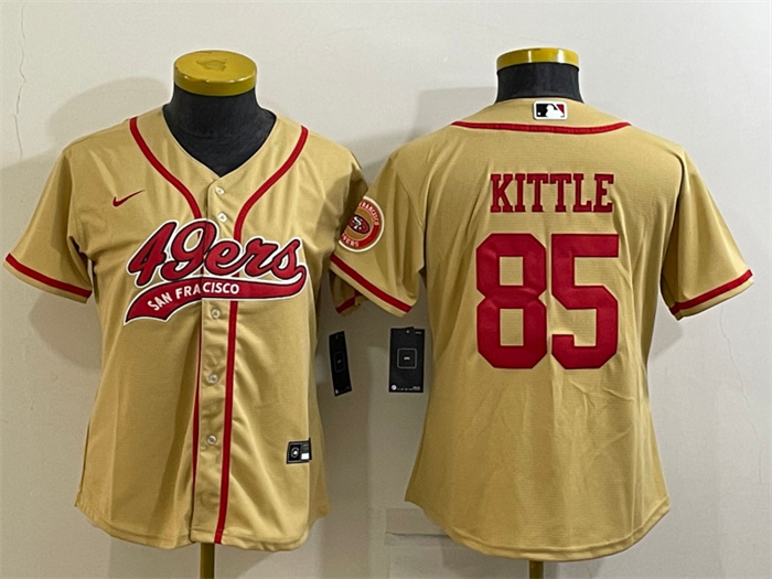 Women's San Francisco 49ers #85 George Kittle Gold With Patch Cool Base Stitched Baseball Jersey(Run Small) Women's San Francisco 49ers #85 George Kittle Gold With Patch Cool Base Stitched Baseball Jersey(Run Small)