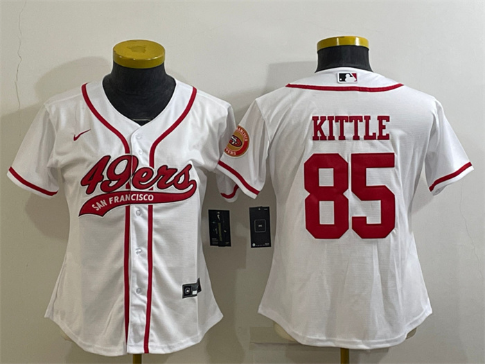 Women's San Francisco 49ers #85 George Kittle White With Patch Cool Base Stitched Baseball Jersey(Run Small) Women's San Francisco 49ers #85 George Kittle White With Patch Cool Base Stitched Baseball Jersey(Run Small)