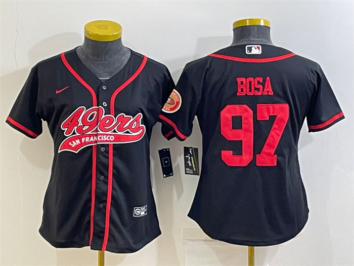 Women's San Francisco 49ers #97 Nick Bosa Black With Patch Cool Base Stitched Baseball Jersey(Run Small) Women's San Francisco 49ers #97 Nick Bosa Black With Patch Cool Base Stitched Baseball Jersey(Run Small)